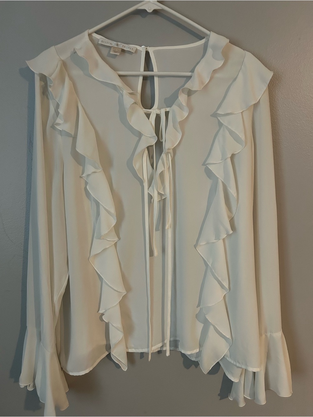 Boston Proper Ivory Ruffle Tie-Front Blouse